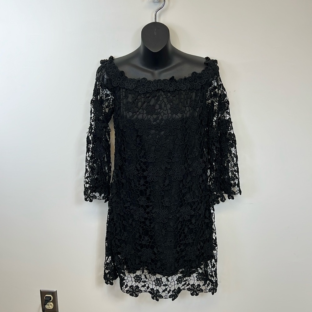 Auxo Women's Chic Elegant Black Lace Long Sleeve Dress Off or On Shoulder Large
